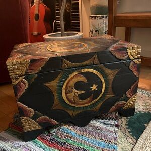 BALINESE CARVED AND PAINTED WOODEN Moon BOX  Chest Whimsygoth Vintage 90s